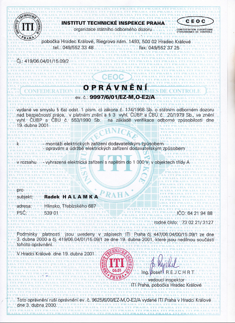 Certifikát institutu technické inspekce