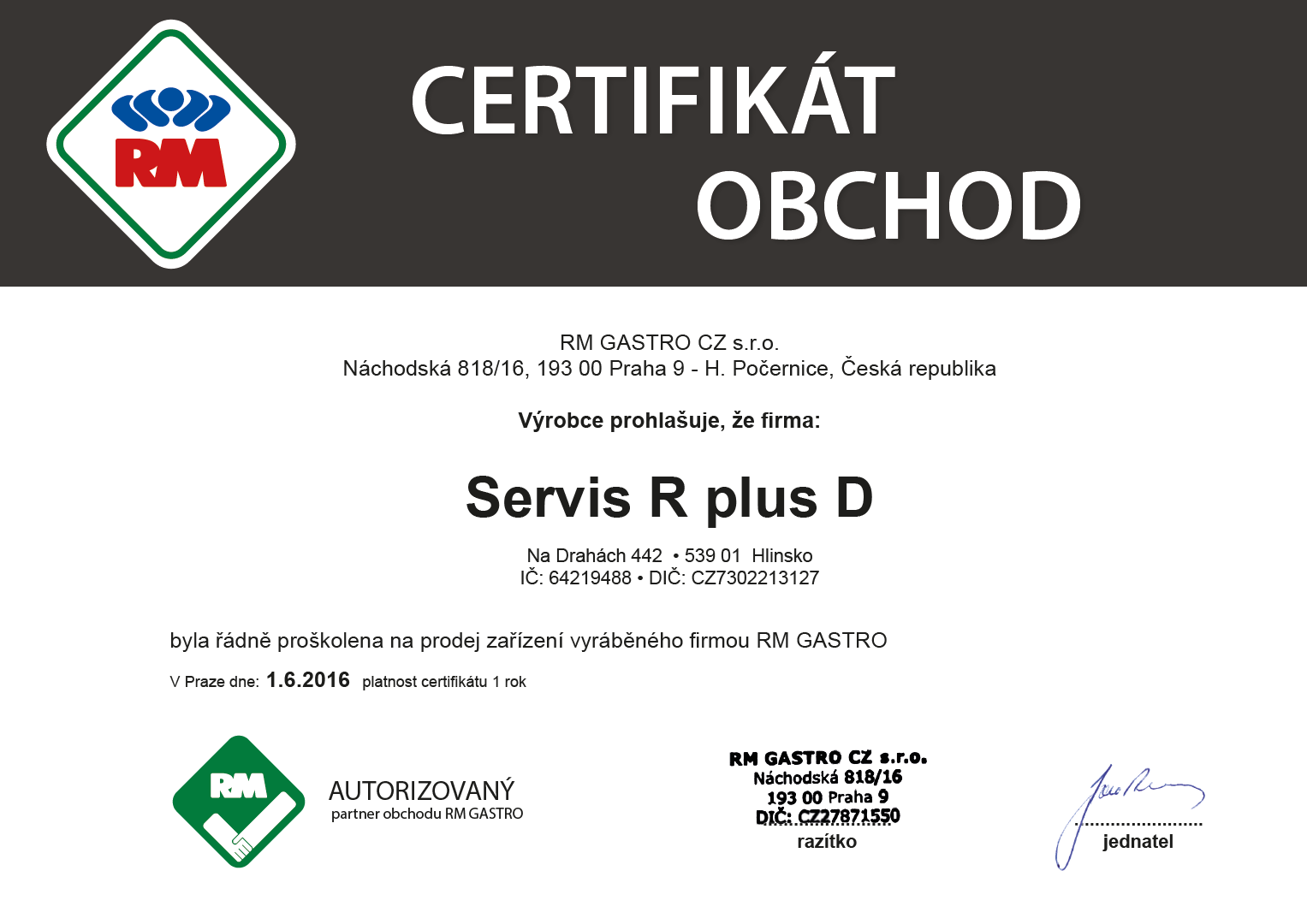 Certifikát RM GASTRO obchod