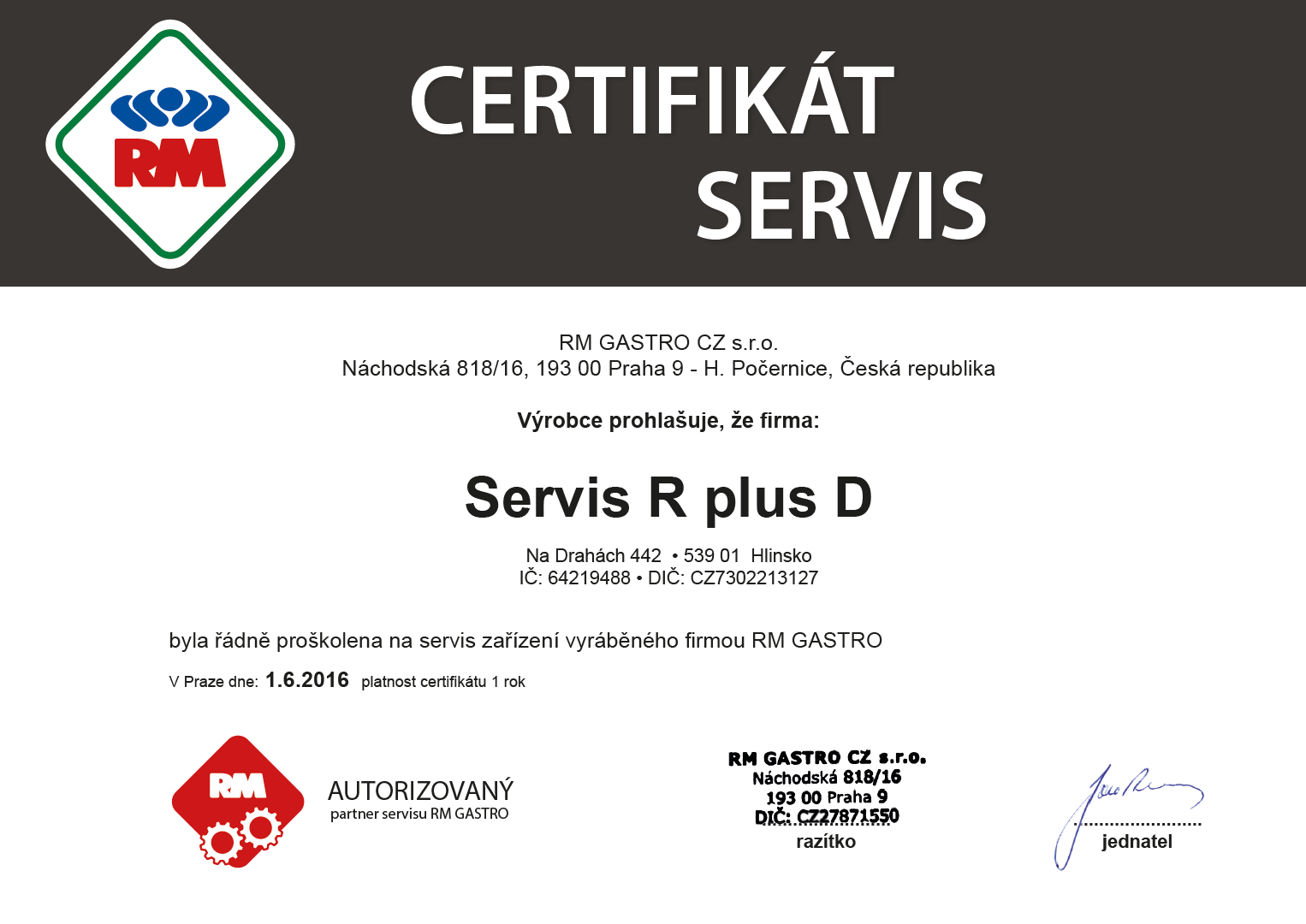 Certifikát RM GASTRO servis