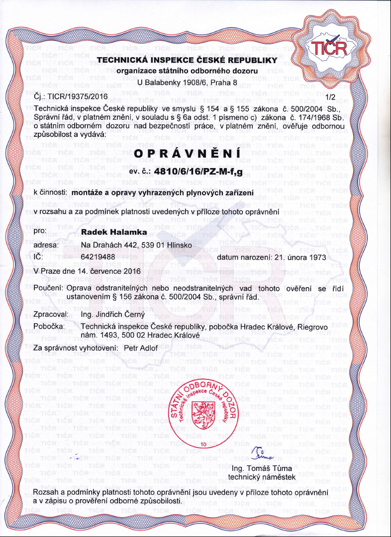 Certifikát Technické Inspecke České republiky